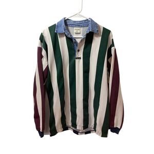 Vintage 90's structure men's striped long sleeve rugby shirt denim collar medium